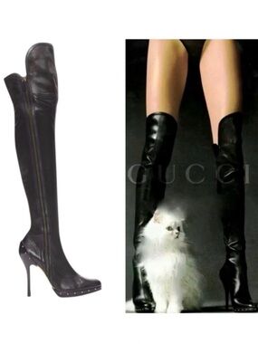 GUCCI x TOM FORD ERA 2003 Runway Black Leather Studded OTK Thigh High Boot